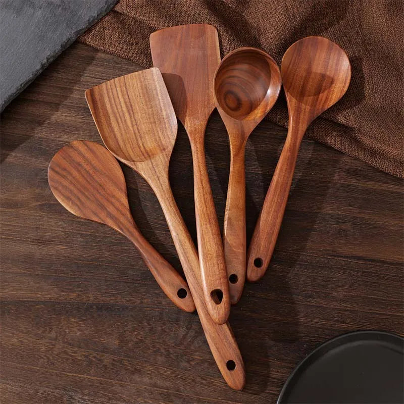 Teak Wood Utensil Set 5Piece Kitchen Tools For Safe Cooking